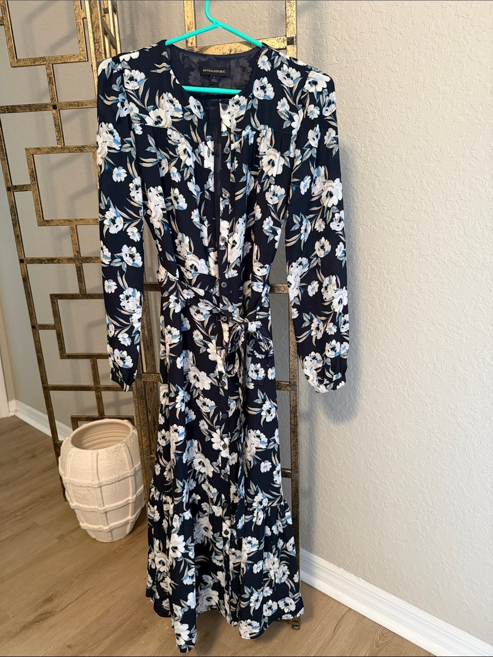 Banana Republic Navy Floral Midi Dress with Tie Waist